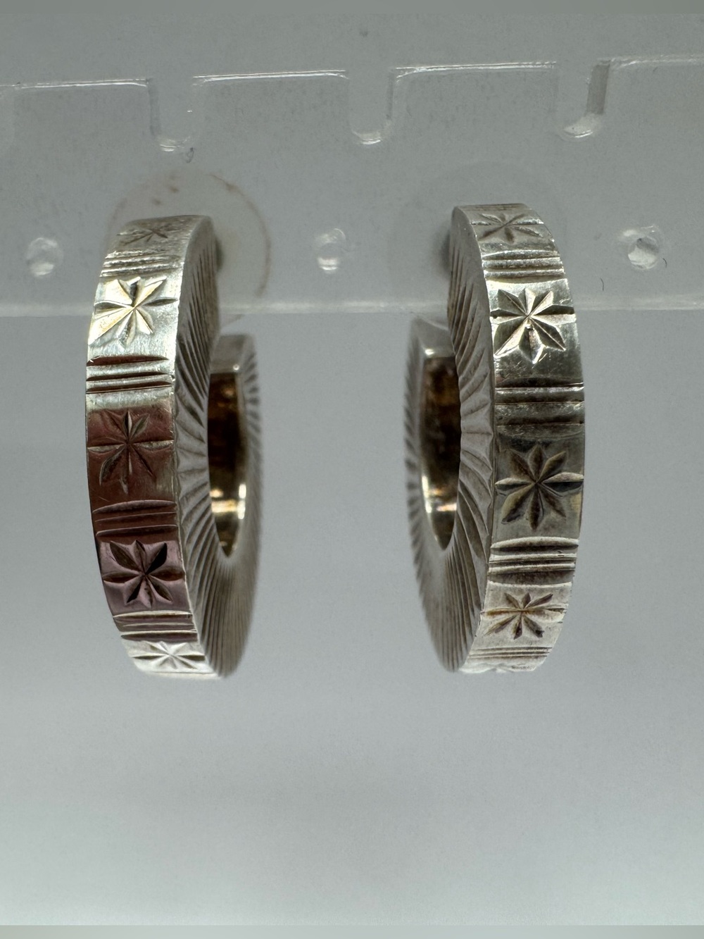 Sterling Silver Etched with Stars Hoop Earrings